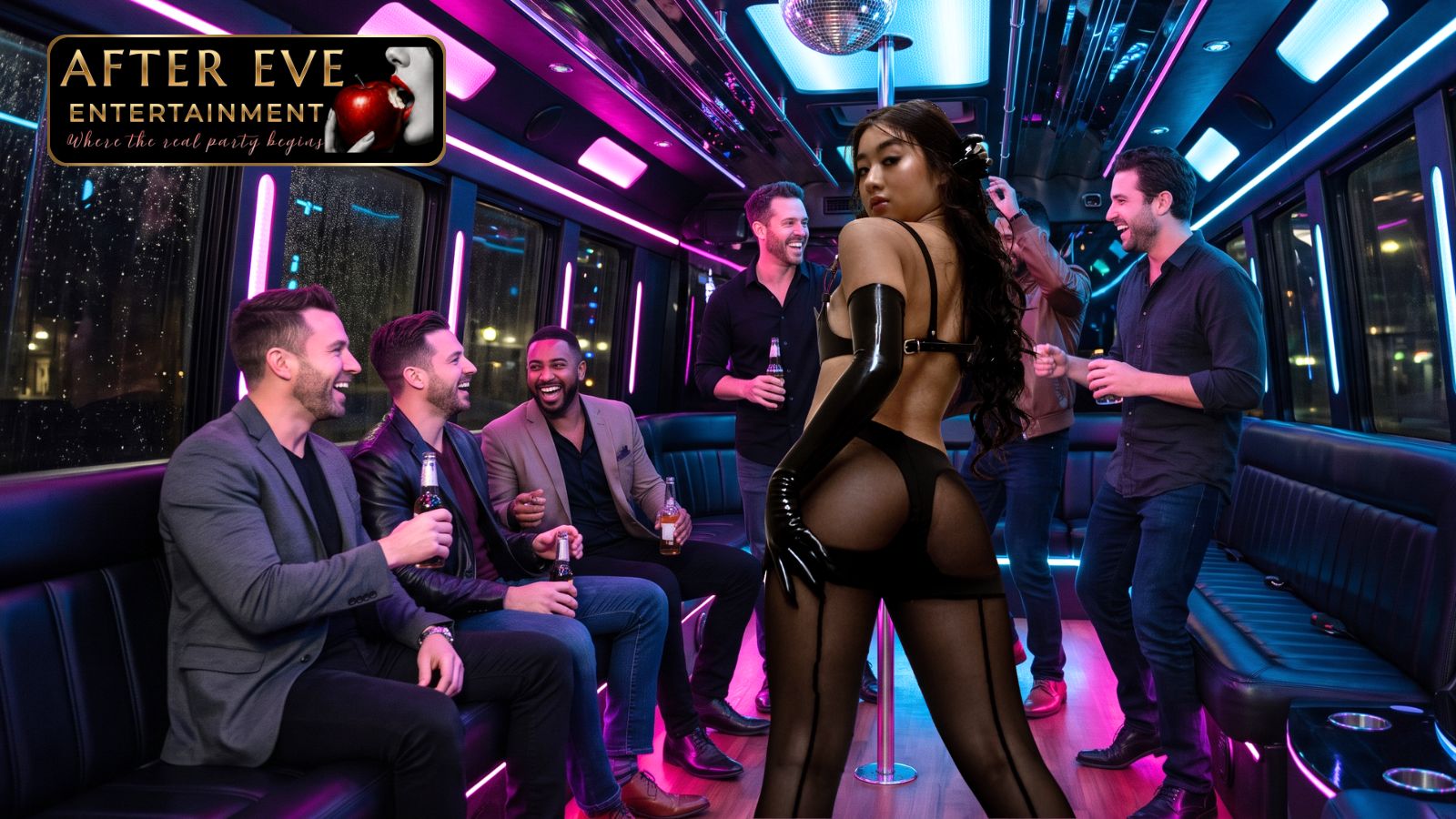 The pre-party that outshines the venue — a bus full of friends singing, neon and gold streaking past the windows