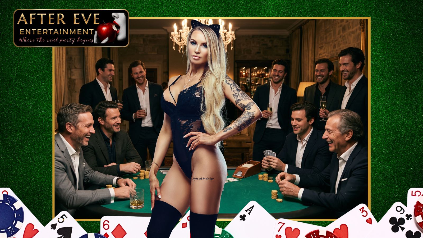 Your lounge, turned casino floor — cards fanned mid-air, whisky poured, gold chips towered
