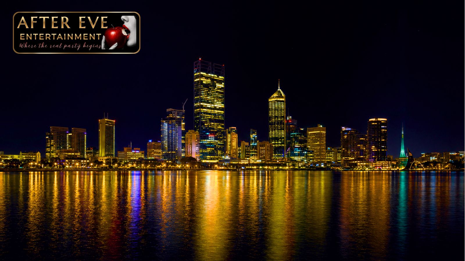 Perth city skyline at night across the Swan River, gold reflections on the water