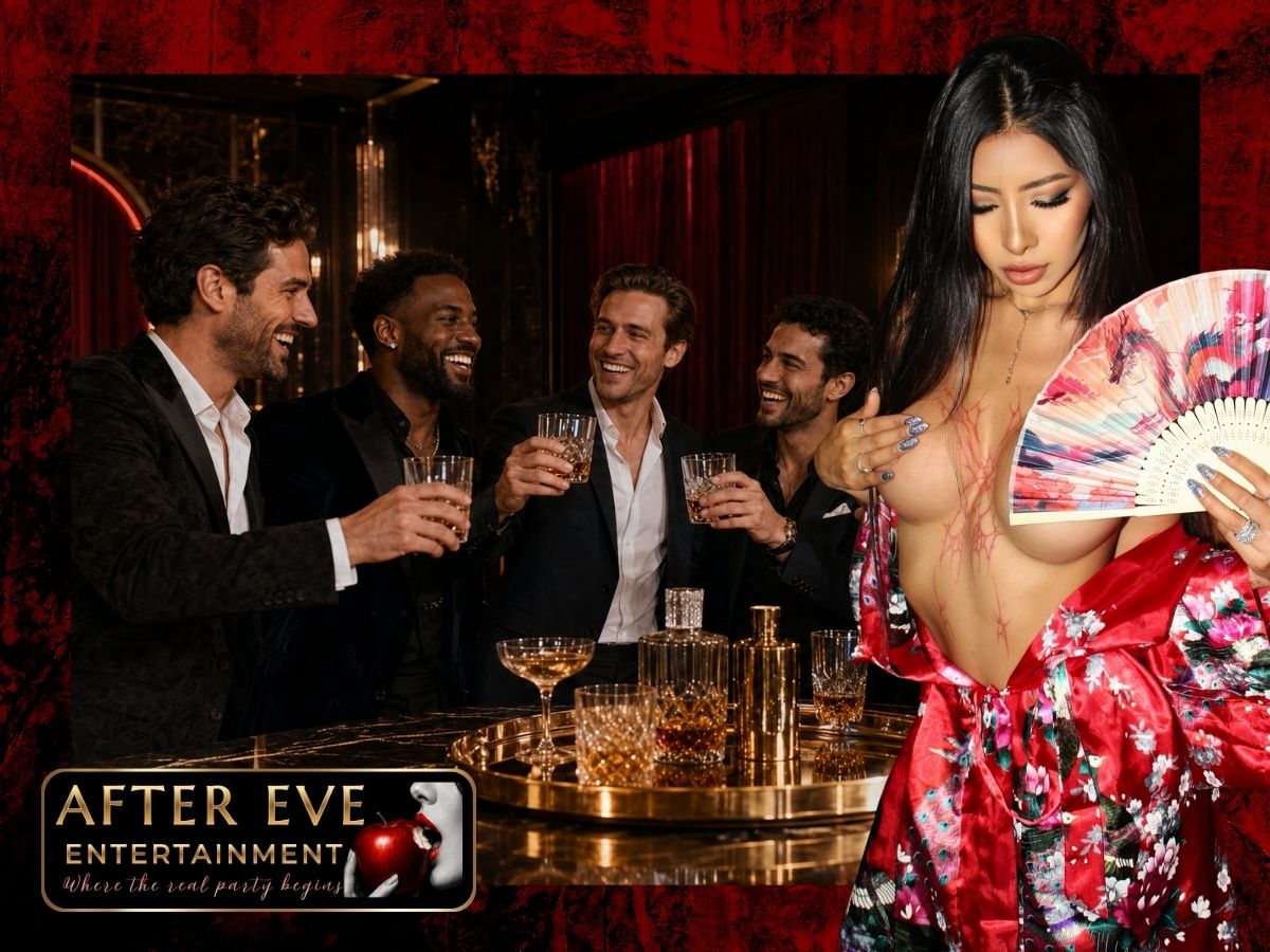 Corporate crowd in black tie around card tables in a mansion lounge, emerald-gold glow — After Eve Entertainment Perth