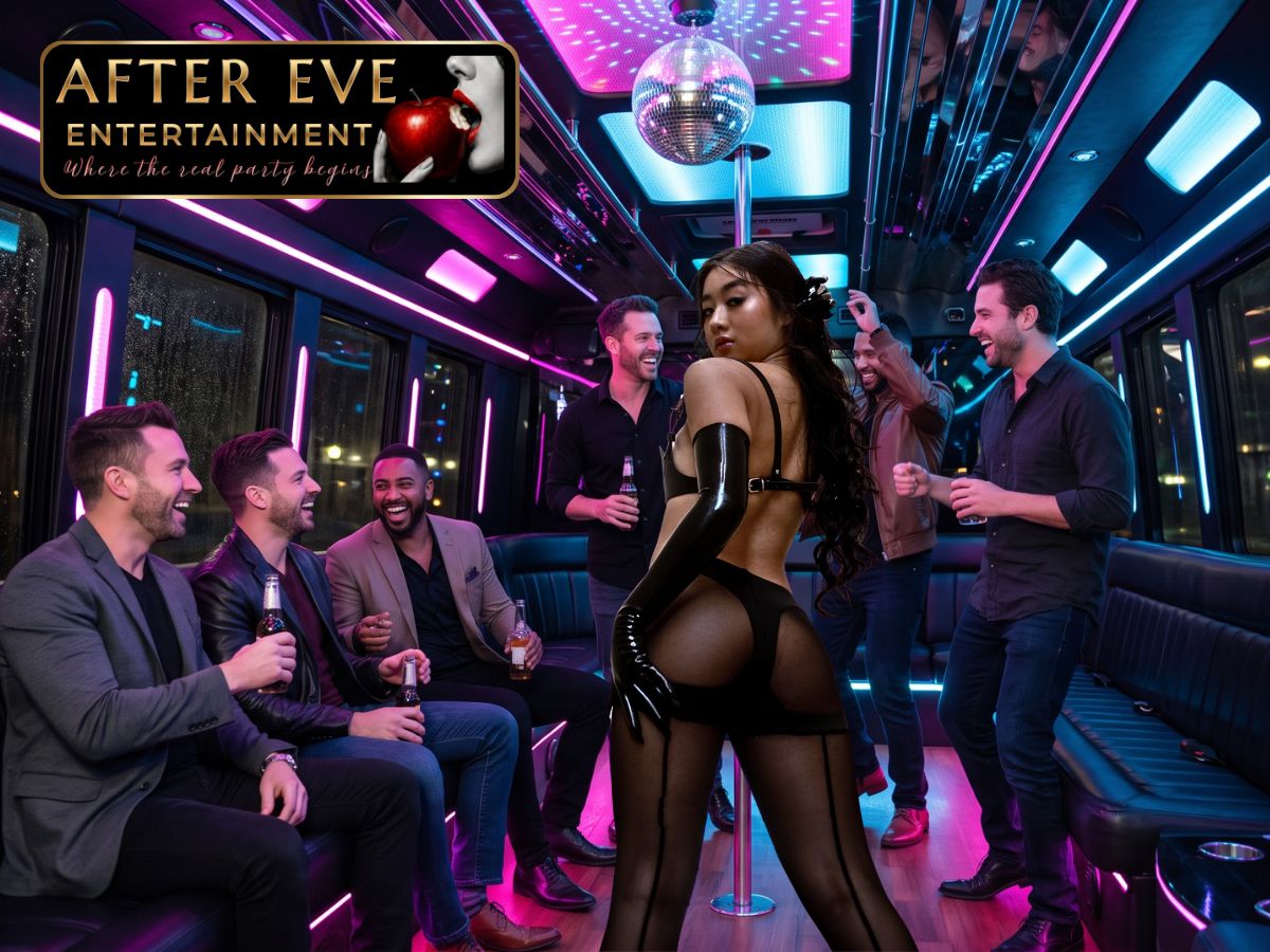 The party starts before you arrive — bus aisle dancing, neon lights, drinks up — After Eve Entertainment Perth