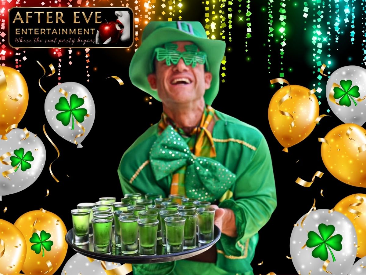 Muscular little-person performer in green leprechaun suit, gold buckle, party lights — After Eve Entertainment Perth