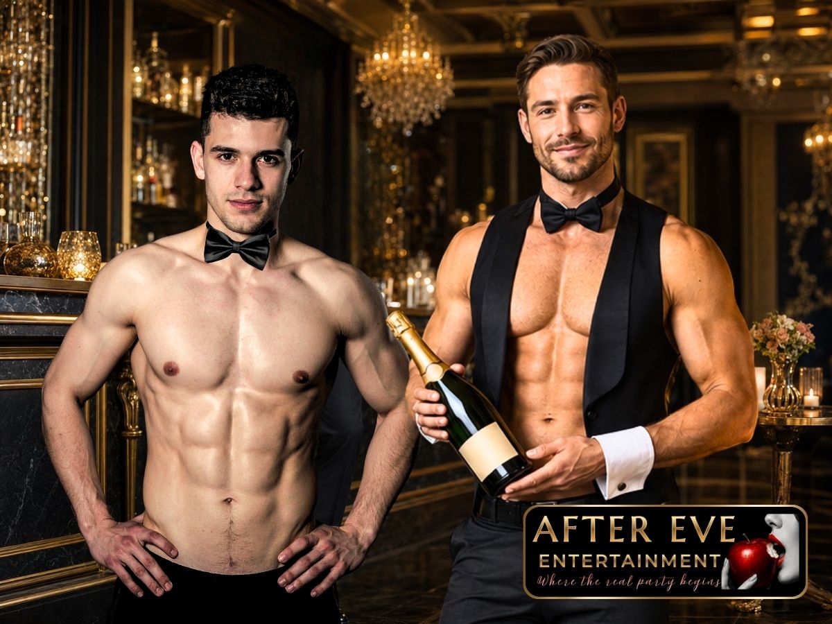 Champagne pouring into a forest of raised flutes — laughter everywhere, purple-gold light — After Eve Entertainment Perth